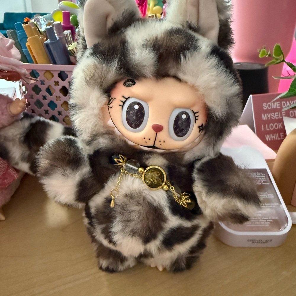 Adorable Plush Cat Doll with Faux Fur Outfit